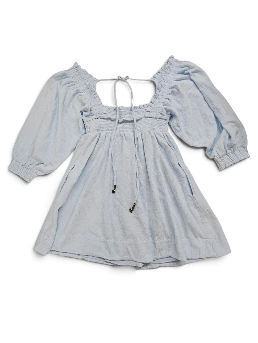 Free People This Is Everything Smocked Square Neck Dress in Light Blue Size Med